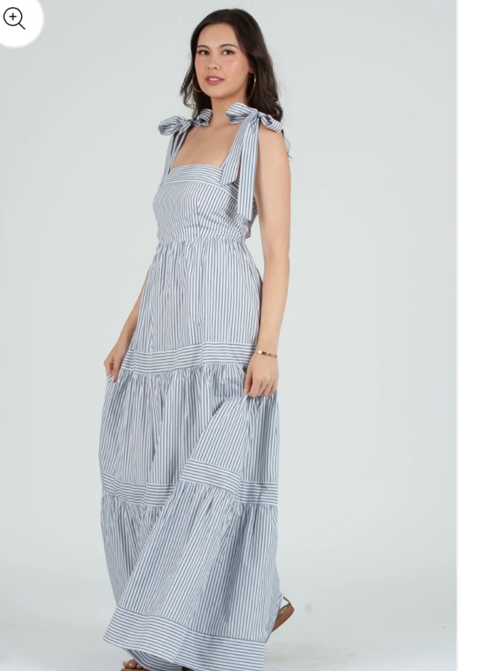 50%OFFW❤️ Lucca Women  Striped Maxi Tier Dress Tie Shoulder M Grey White 161
